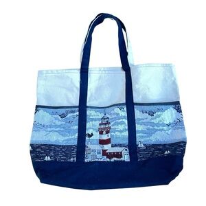 Nautical Vacation Coastal Summer Beach Tapestry Canvas Lighthouse Large Tote Bag
